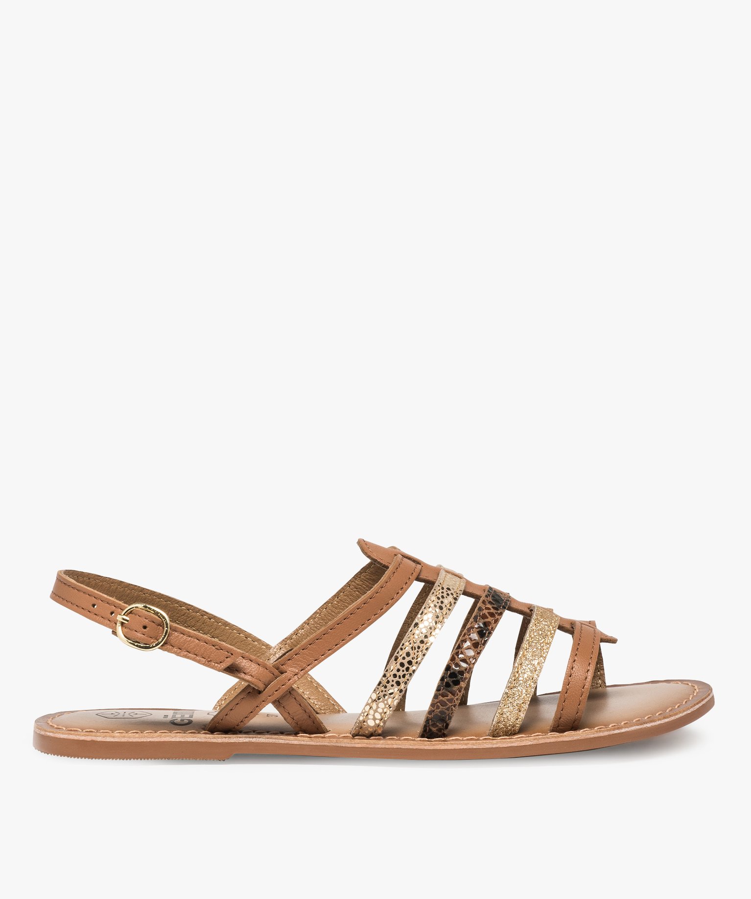 Sandales femme à talon plat et brides multiples en cuir camel | GEMO