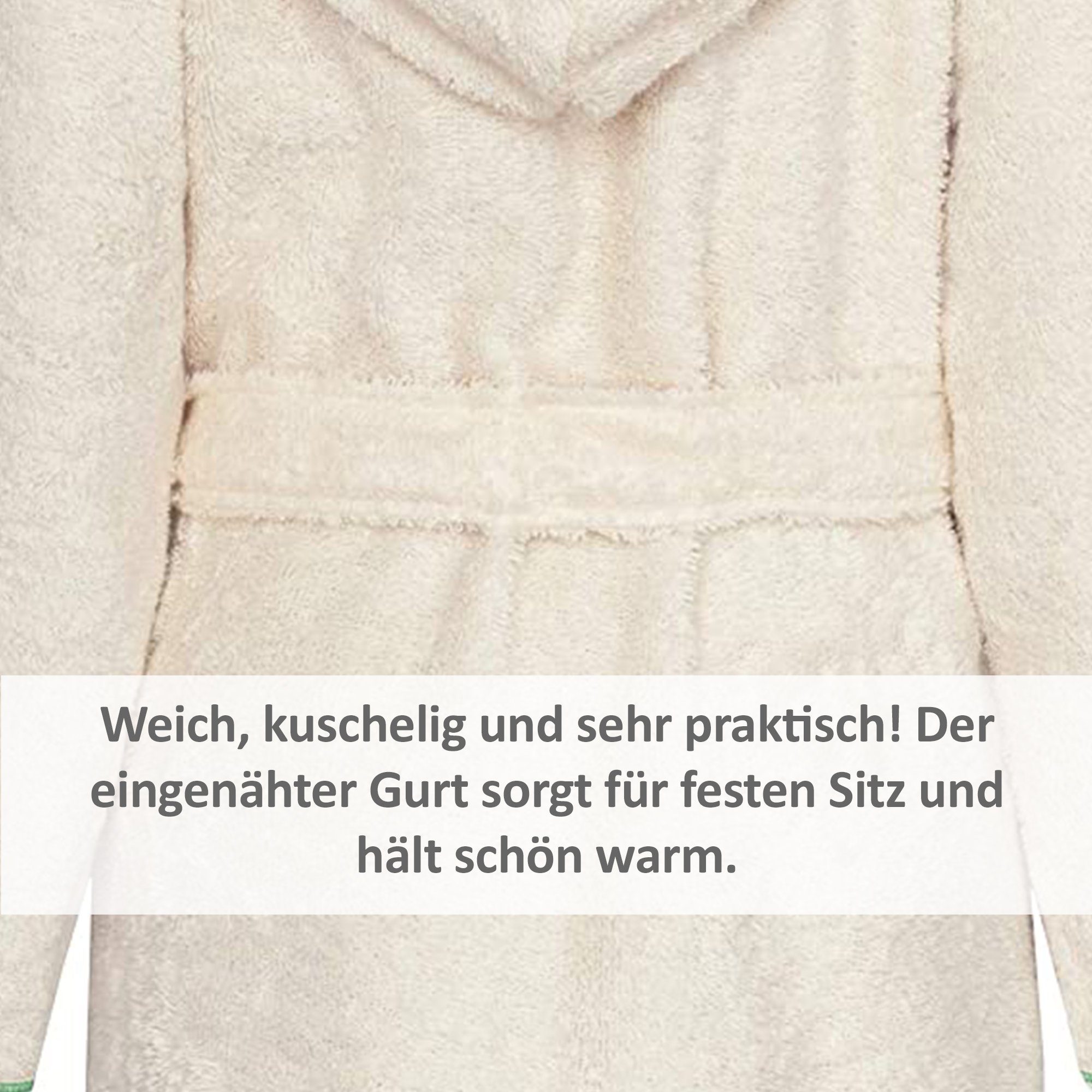 Smithy Kinderbademantel mit der Raupe Nimmersatt aus Bio-Baumwolle, lange Form, Velours-Frottee, Kapuze, Gürtel, Knöpfe, made in Europe