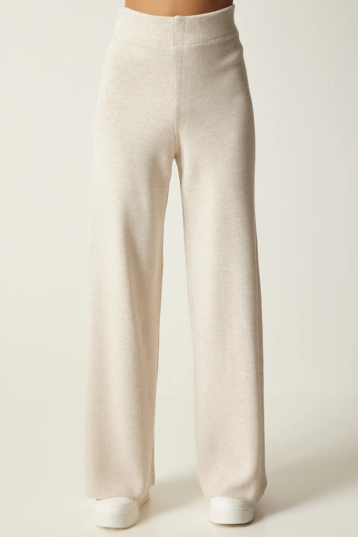 Happiness İstanbul  Cremefarbene Damenhose aus dickem Strick mit weitem Bein YG00102
