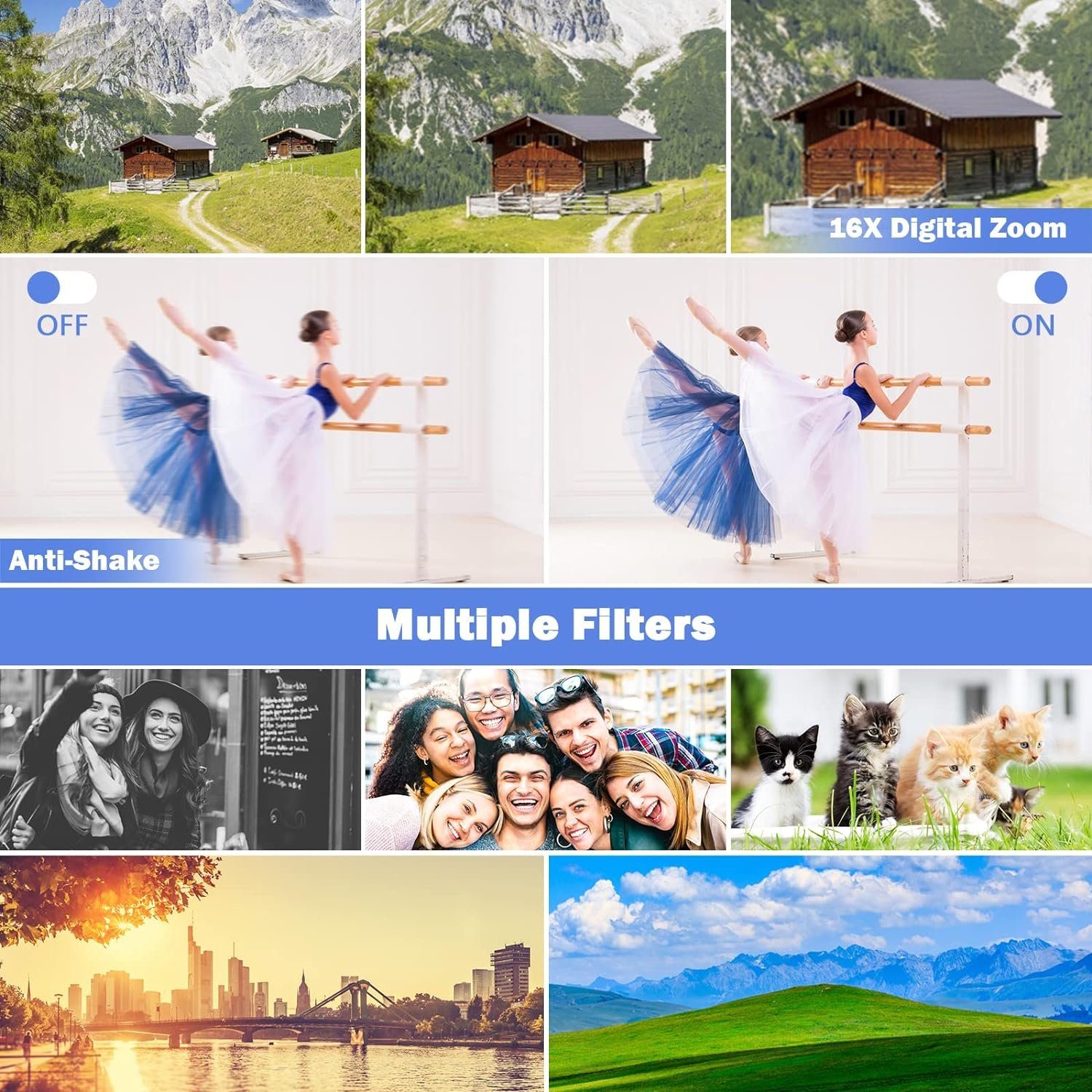 A Ade Digitalkamera 4K 48MP Systemkamera Kompaktkamera (48 MP, WLAN (Wi-Fi), inkl. 16X Digitalzoom, 3.0 Zoll 180 ° Grad Drehung Flip-Screen)