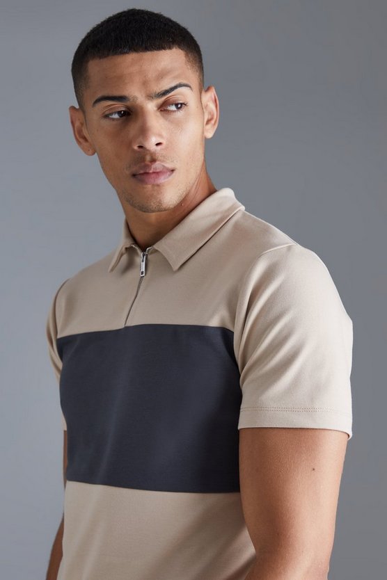 Kurzärmliges Slim-Fit Colorblock Poloshirt mit 1/4 Reißverschluss