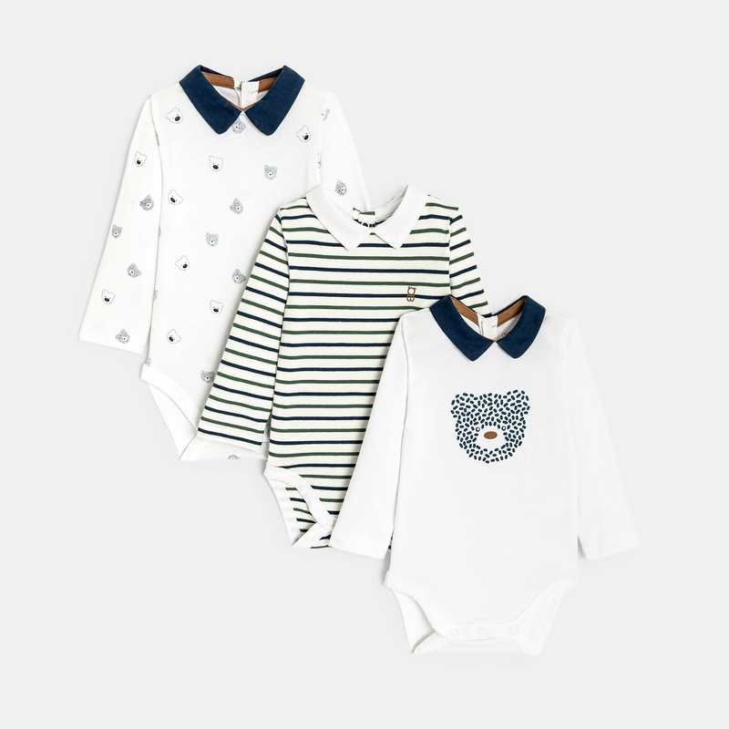 Body petit col ours et rayures (lot de 3) bleu naissance