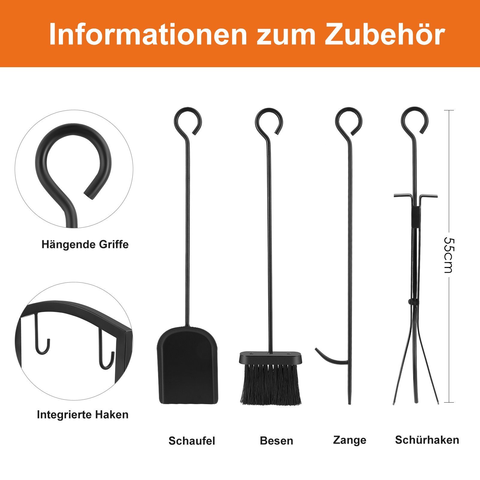 Femor Kaminholzregal, Brennholzregal mit 4 Werkzeugen, 75x40x30 cm