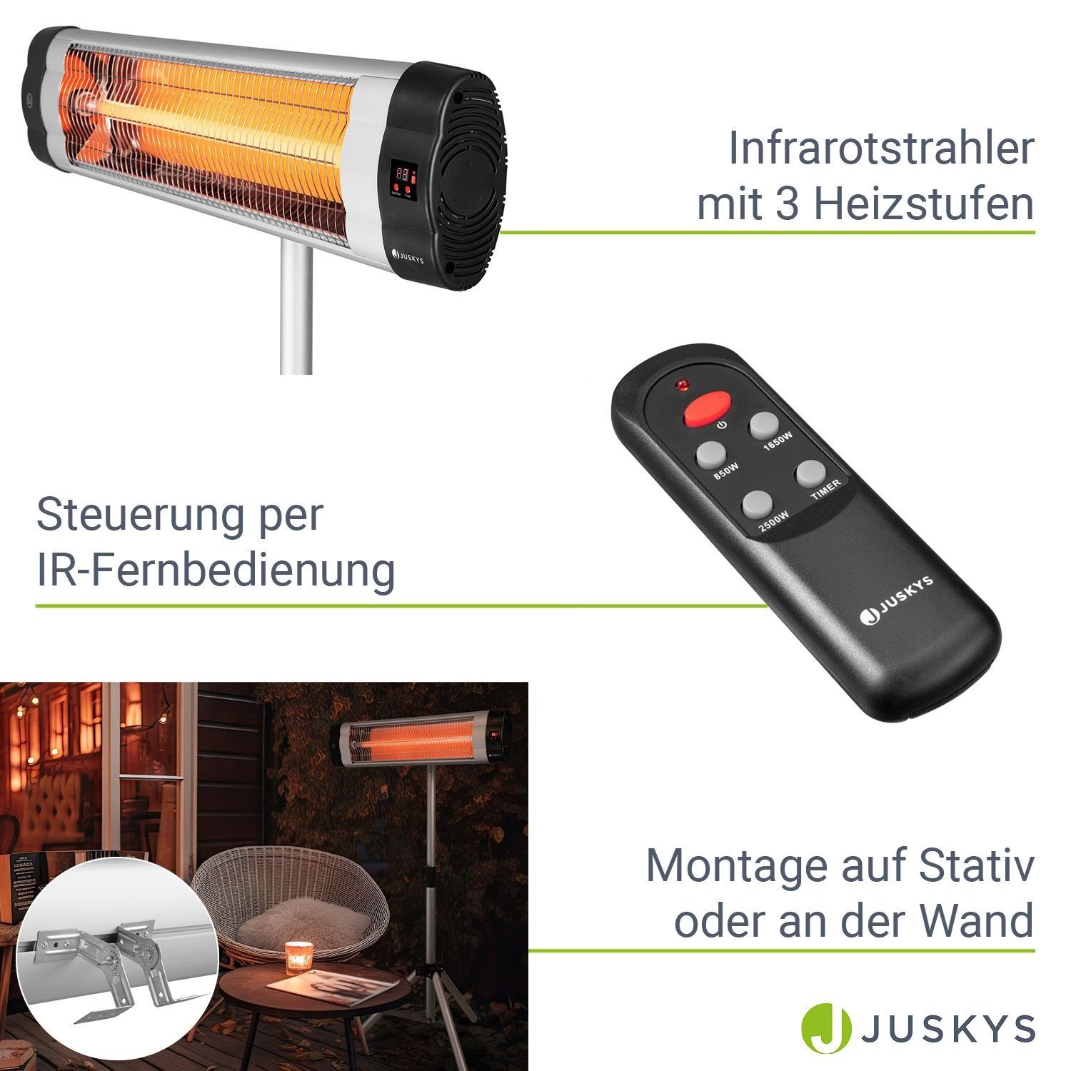 Juskys Infrarotstrahler Kajo, mit Sparmodus, IR-Fernbedienung, praktische Zeitschaltuhr