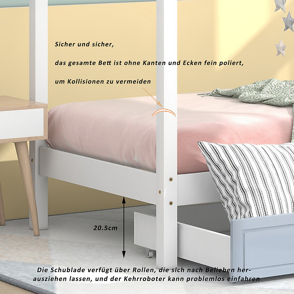 Hausbett 90x200cm mit 2 Schubladen, Kinderbett Spielbett Massiv