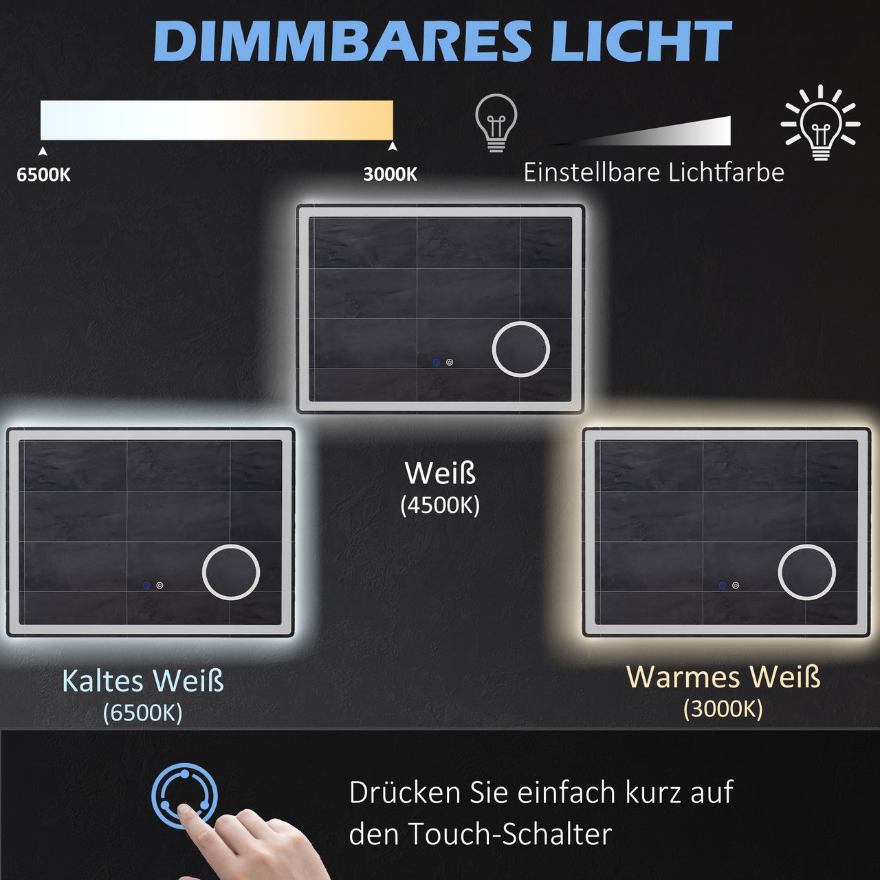 kleankin LED Badezimmerspiegel, 80 x 60 cm Badspiegel mit 3x Vergrößerung