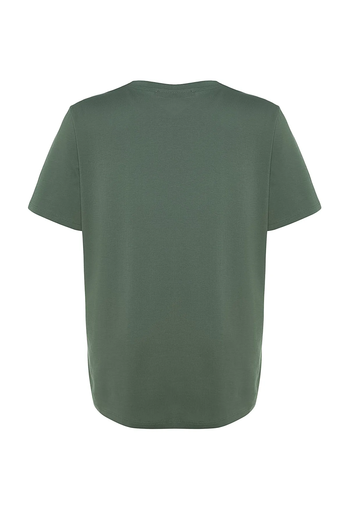 Trendyol Curve  Dunkles Mintgrünes Boyfriend-Strick-T-Shirt mit Rundhalsausschnitt und Schlitz TBBSS22BF0031