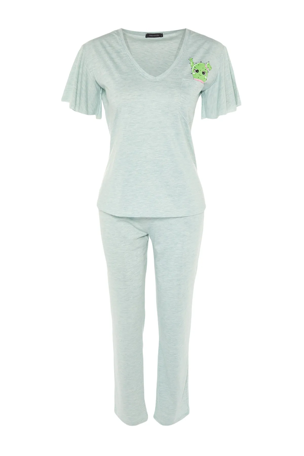Trendyol Collection  Hellgrünes Pyjama-Set aus Baumwolle mit Kaktus-Print, Ärmeln und Schwungrad-Detail THMSS20PT0172