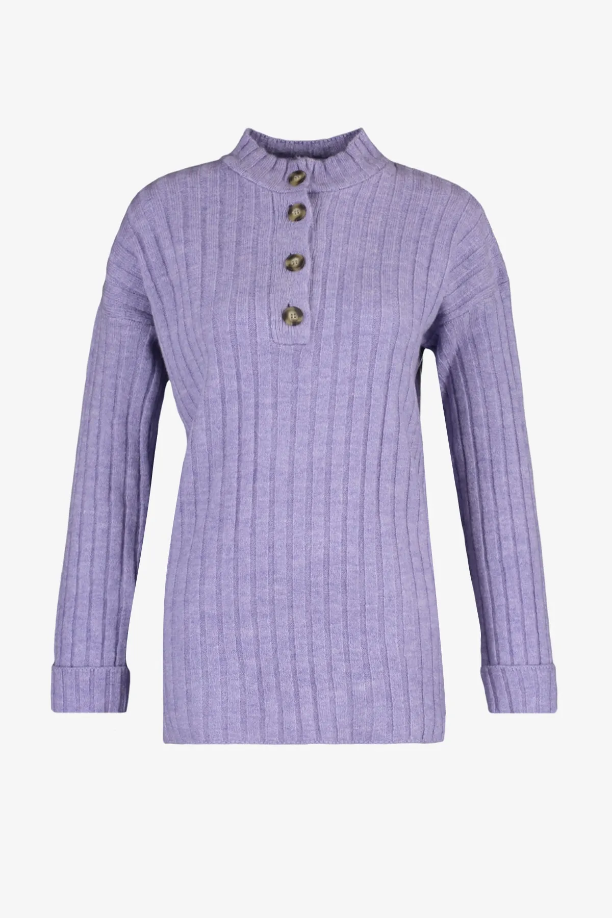 Trendyol Modest  Gerippter Strickpullover mit lilafarbenem Kragen und Knöpfen TCTAW23AK00035