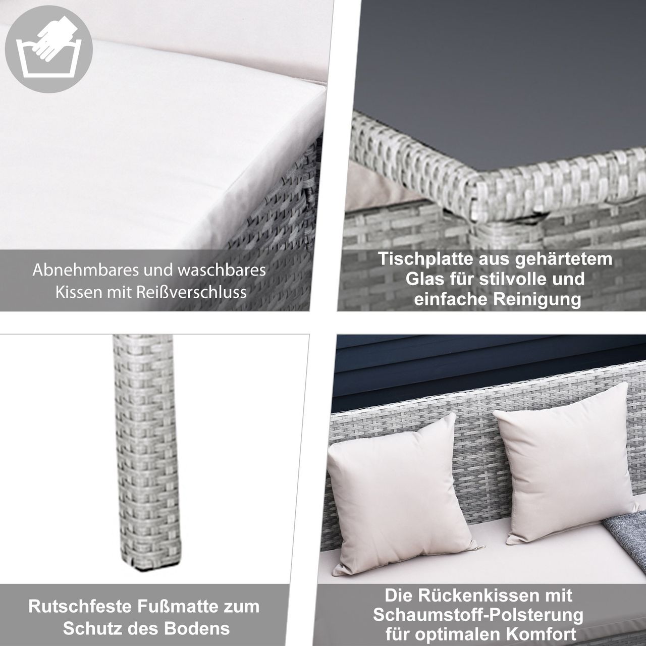 Outsunny 5-tlg. Gartenmöbel Set Rattan Sitzgruppe mit Fußhocker Metall Grau 134 x 60 x 75 cm