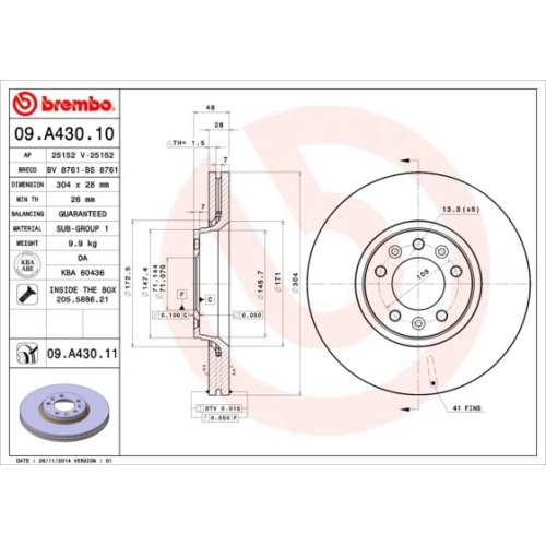 09.A430.11 BREMSSCHEIBE BREMBO VA  VP1 - ATU