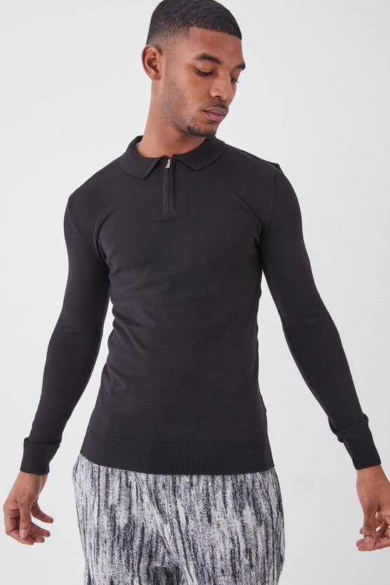 Tall langärmliges Muscle-Fit Poloshirt mit halbem Reißverschluss