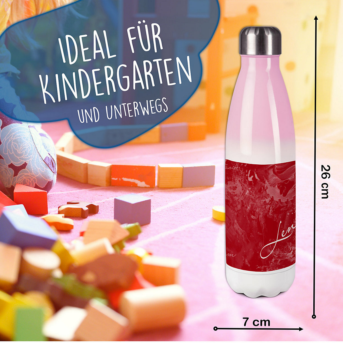 Edelstahl Kinder Thermoflasche / Trinkflasche bunt Traum Farbe rot Spülmaschinenfest, Auslaufsicher, Bruchfest, Doppelwandig, Für Heißgetränke geeignet, Mit Deckel, Isoliert