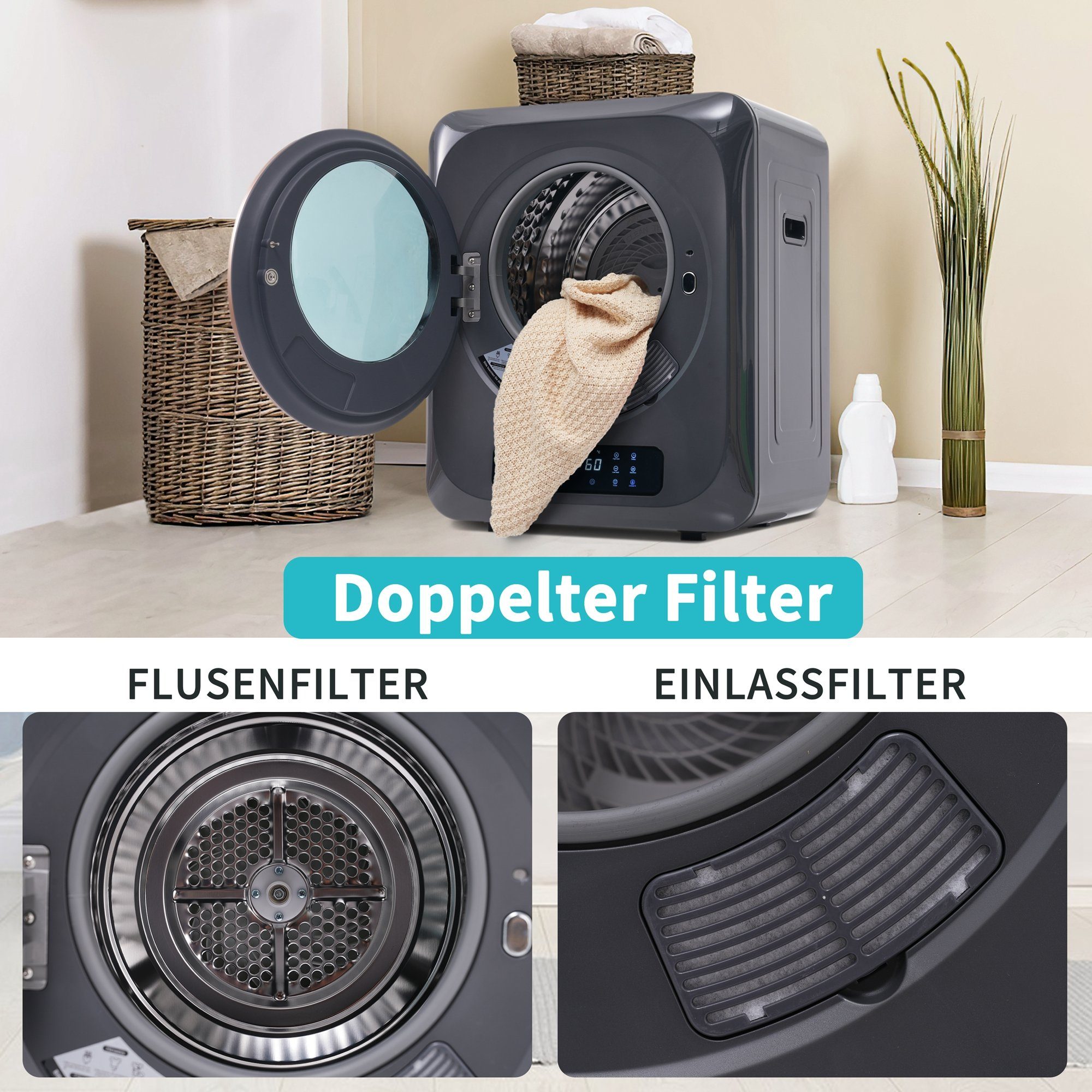 PFCTART Ablufttrockner Edelstahltrockner,850W, Mehrfachfiltration,6 Funktionen,Sterilisation, 4 kg