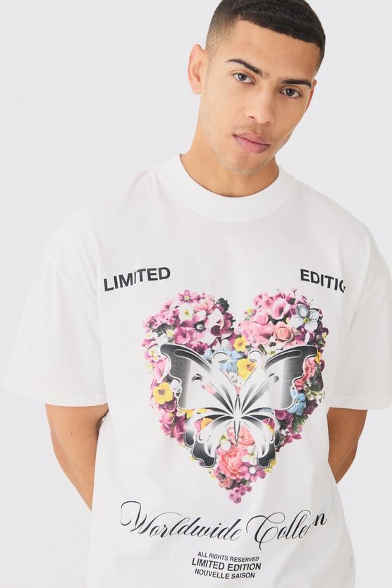 Oversize T-Shirt mit floralem Herz-Print