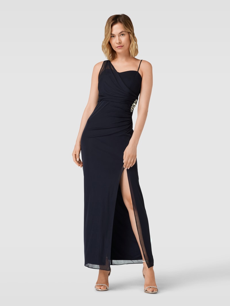 Abendkleid mit Spaghettiträger in marineblau meliert
