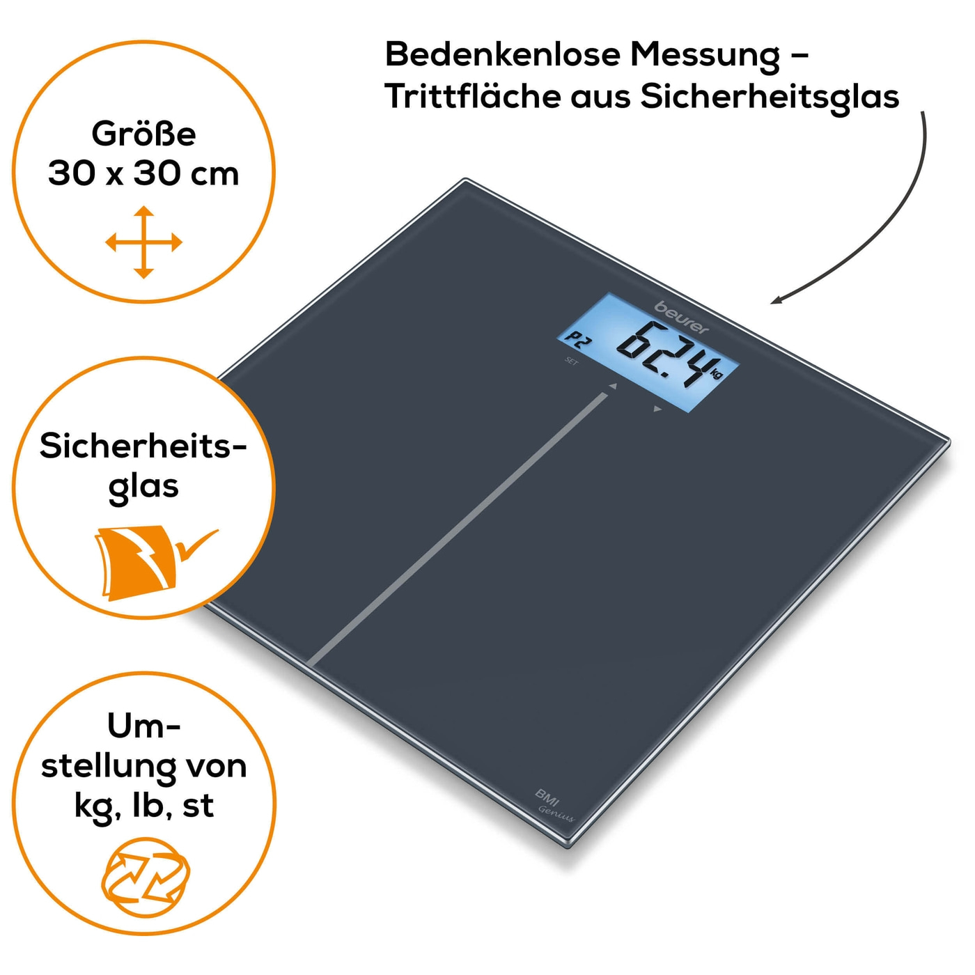 Beurer Glaswaage - GS 280 BMI Genius-Personenwaage aus Glas mit BMI Berechnung & farbigem Display - bis 180 kg
