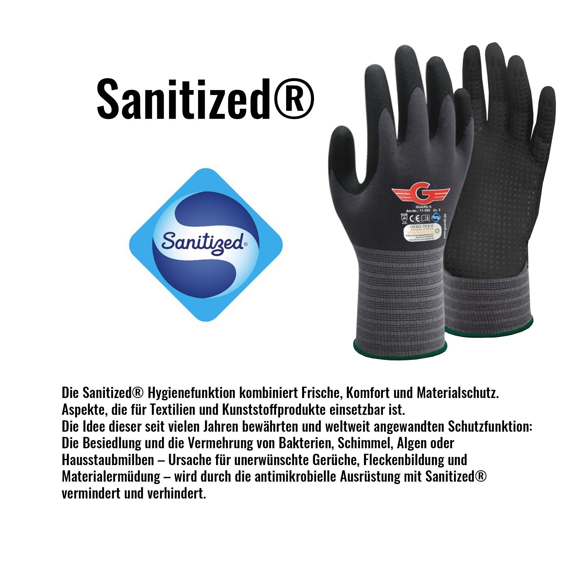 GUARD 5 Arbeitshandschuhe Montagehandschuhe mit Noppen (Art. 11580GN) Sanitized Hygienefunktion