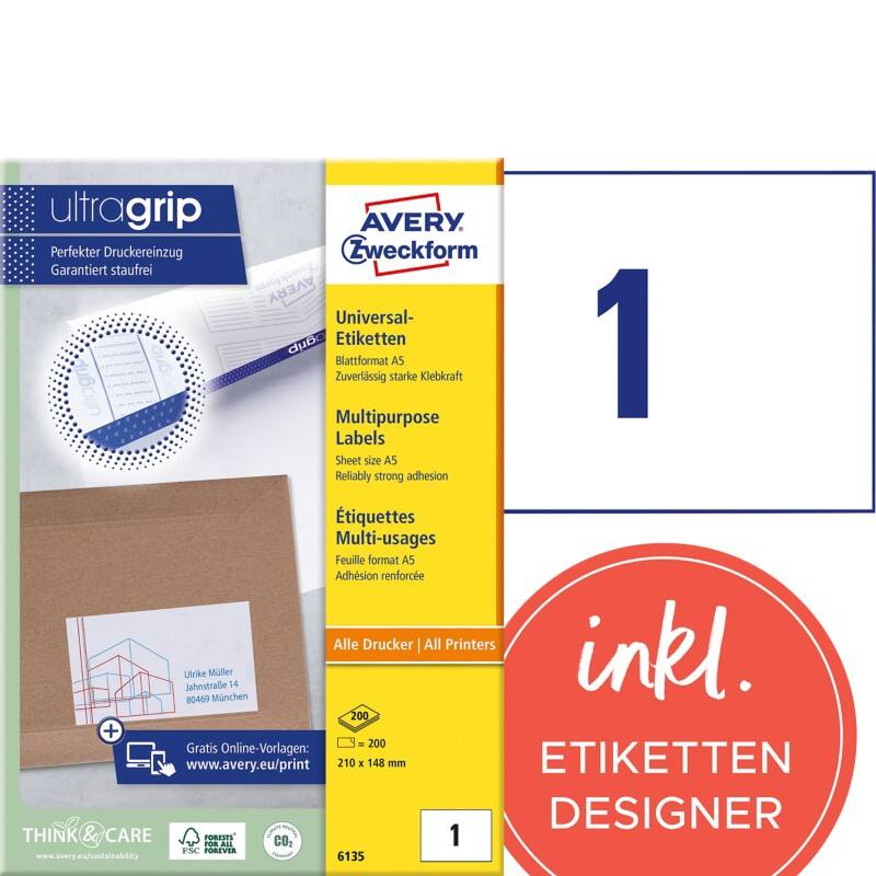 AVERY Zweckform ultragrip Universaletiketten 6135 Selbsthaftend DIN A5 Weiß 210 x 148 mm 200 Blatt à 1 Etiketten