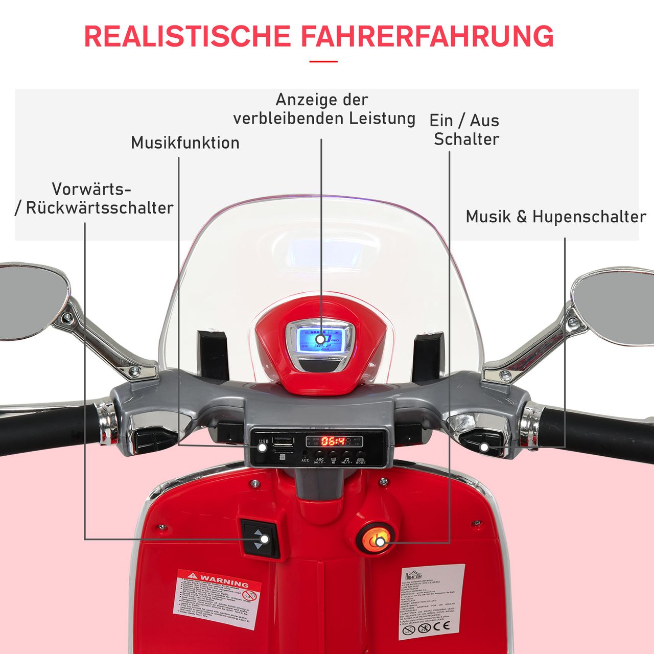 HOMCOM Elektrofahrzeug, Kinderfahrzeug, Kindermotorrad, Elektro-Motorrad mit MP3-Musik Beleuchtung, 3-6 Jahre, PP, Rot, 108 x 49 x 75 cm