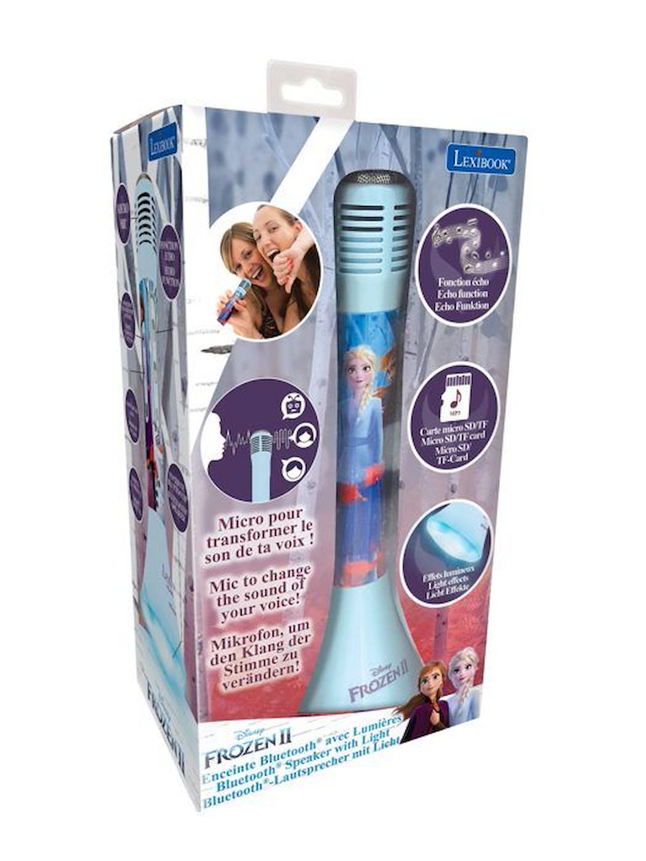Micro Karaoké sans fil avec enceinte Bluetooth® intégrée, lumières et changement de voix Reine des Neiges bleu