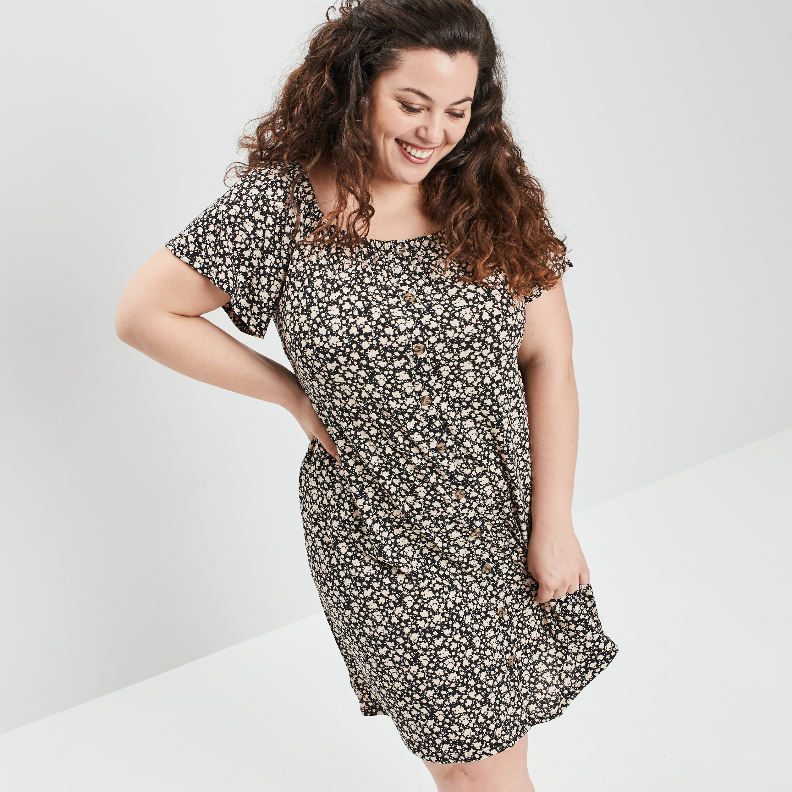 Robe droite boutonnée à col bardot noir femme grande taille | La Halle