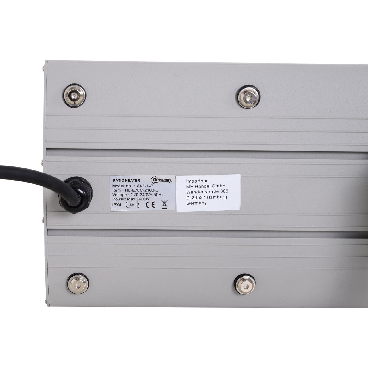Outsunny Outdoor-Heizung 2400 W Heizstrahler Alu 133 x 20 x 4,8 cm