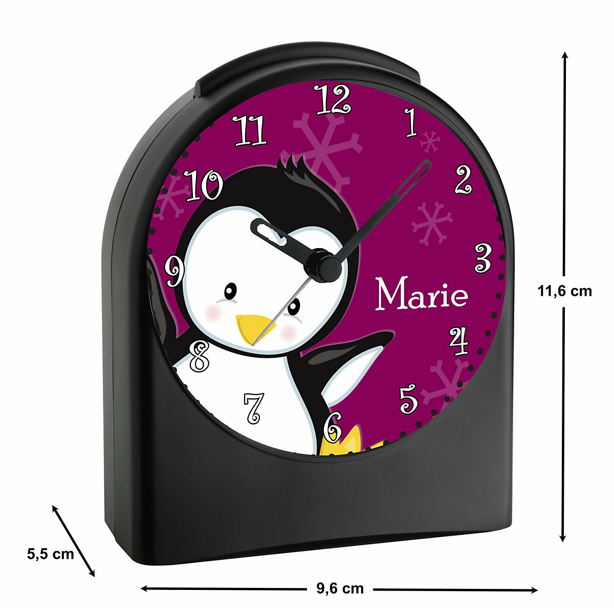 Kinder Funkwecker personalisiert mit Namen Pinguin Atom-/Funkuhr, 12-Stunden-Anzeigeformat, Schlummerfunktion, Nachtlicht, Geräuschlos/Ohne Ticken