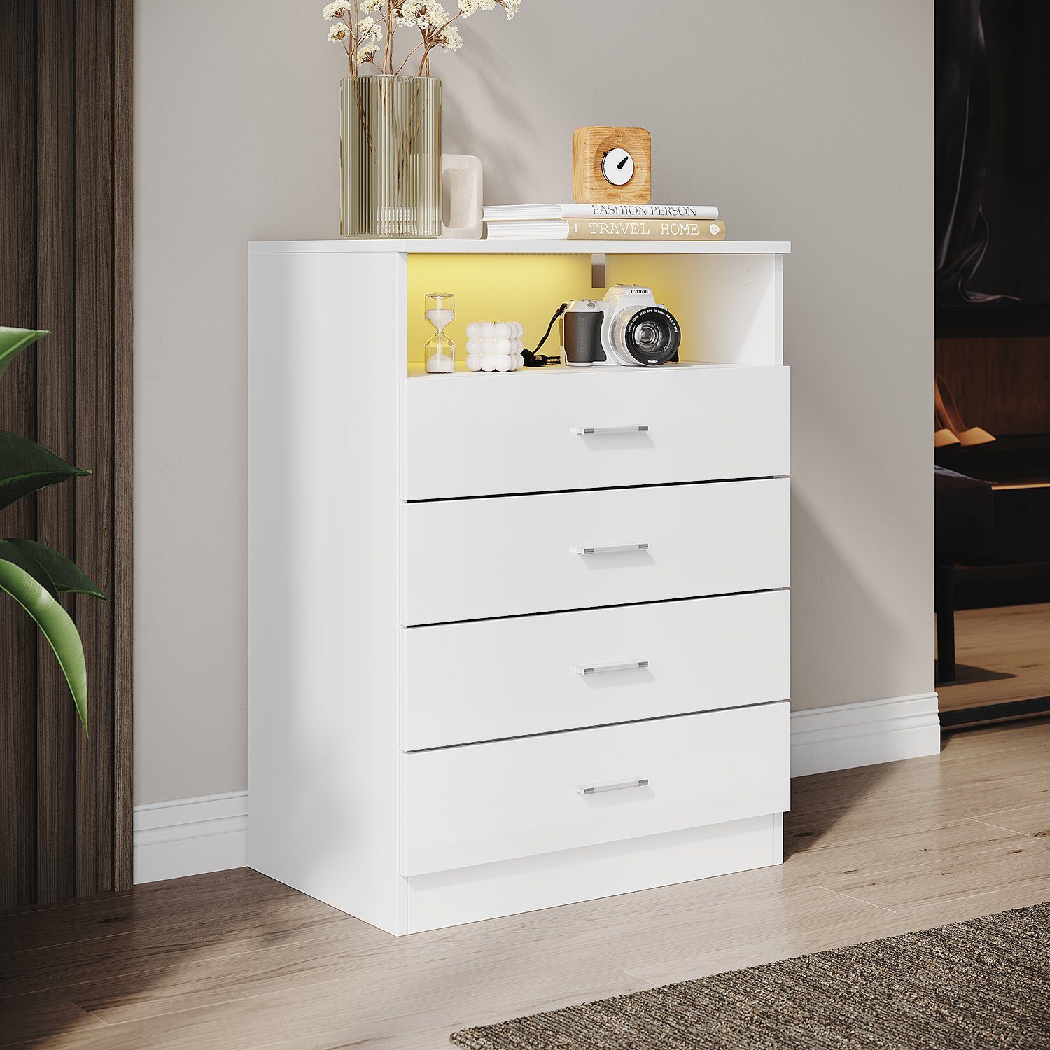 SONNI Kommode kommode Weiß,4 schubladen und offene Fächer, 60x40x83cm, Schlafzimmer Flur, Schrank, Sideboard, Highboard, mit led beleuchtung