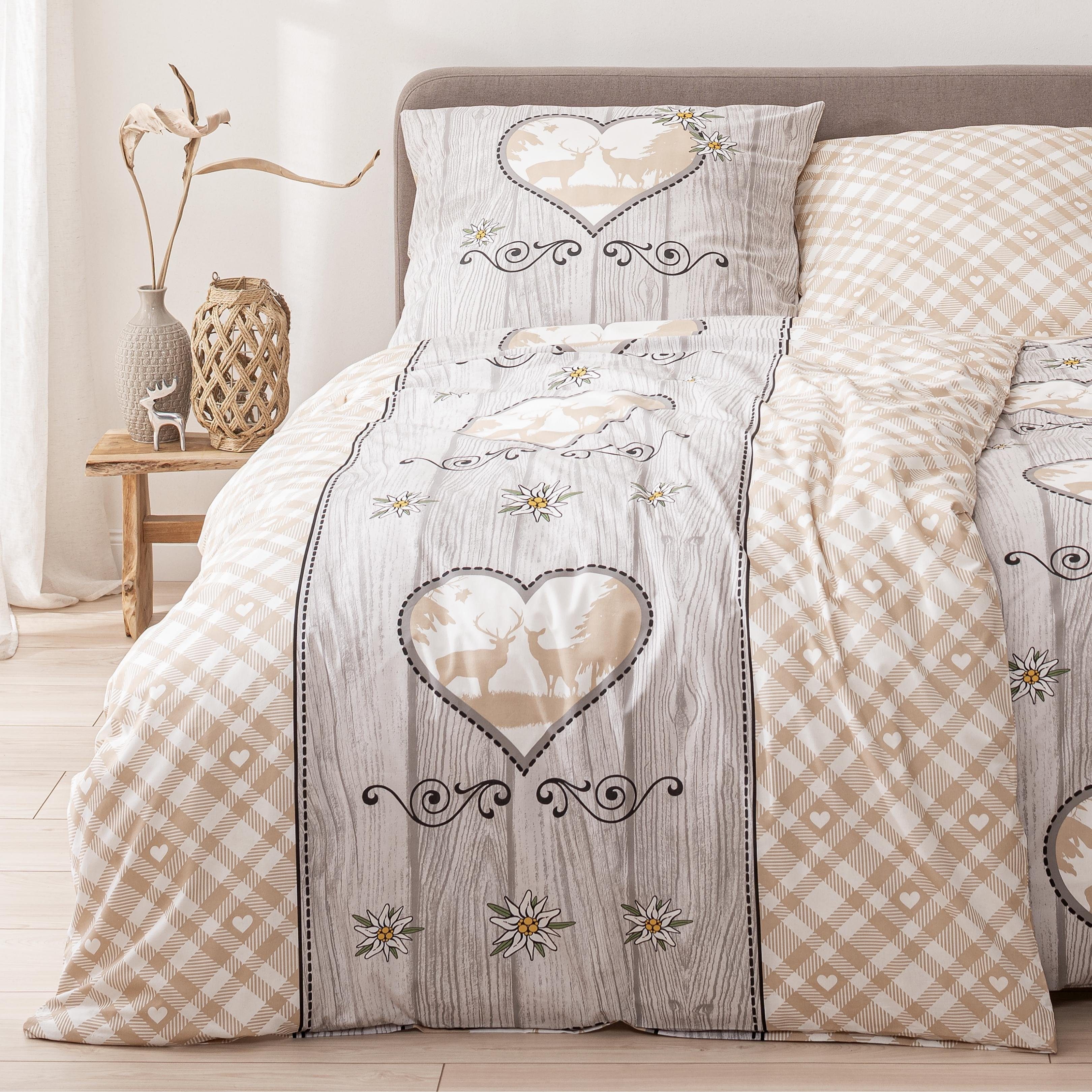 Bettwäsche Landhaus Vintage, 100% Baumwolle, MTOnlinehandel, Renforcé, 2 teilig, Oktoberfest Partnerbettwäsche in Karo-Design und Holzoptik