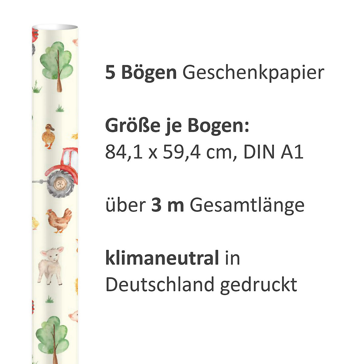 Geschenkpapier 5 Bögen Bauernhof – 1,60€/qm Größe: - 84,1 x 59,4 cm Geschenkpapier
