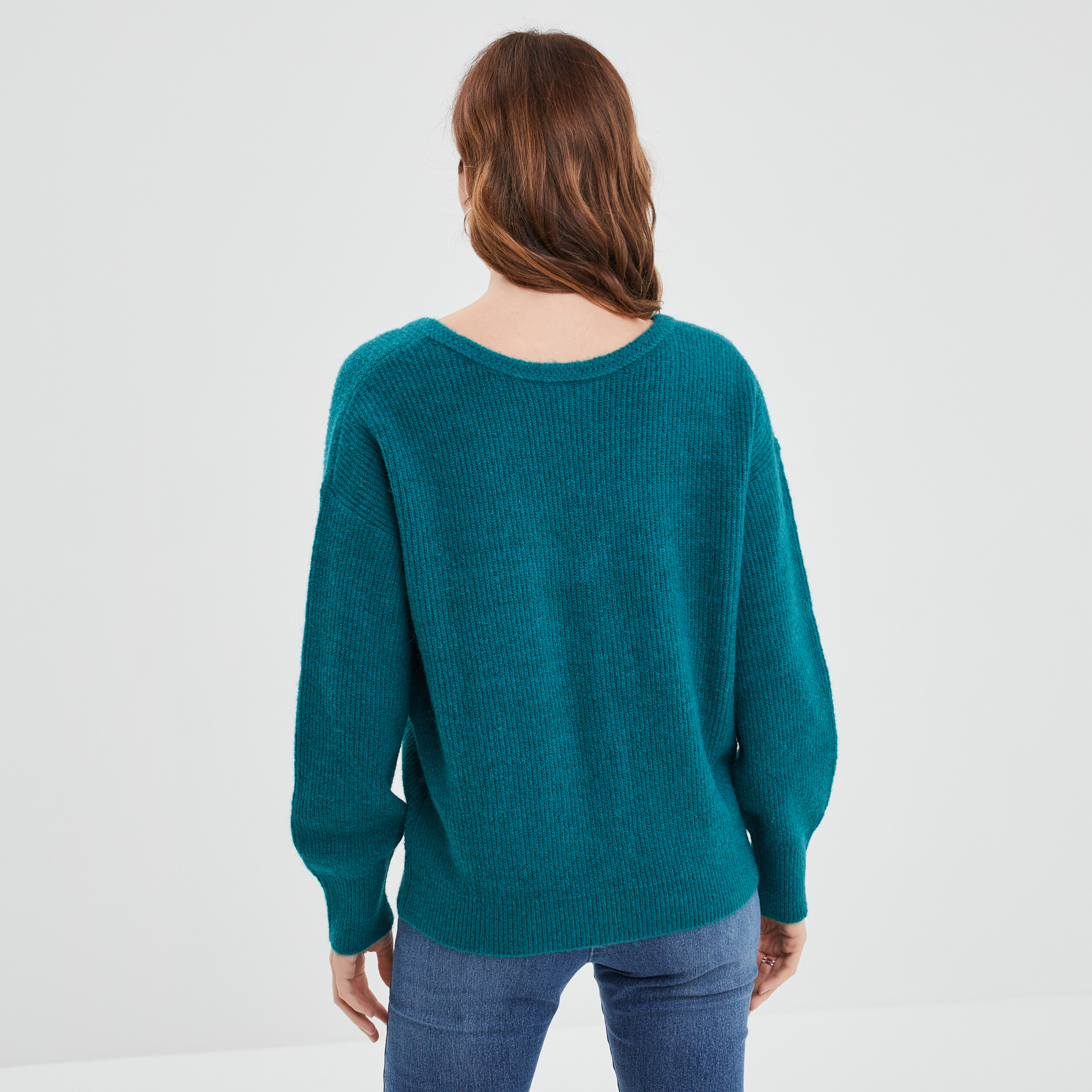 Pull réversible dos col en V bleu canard femme | La Halle