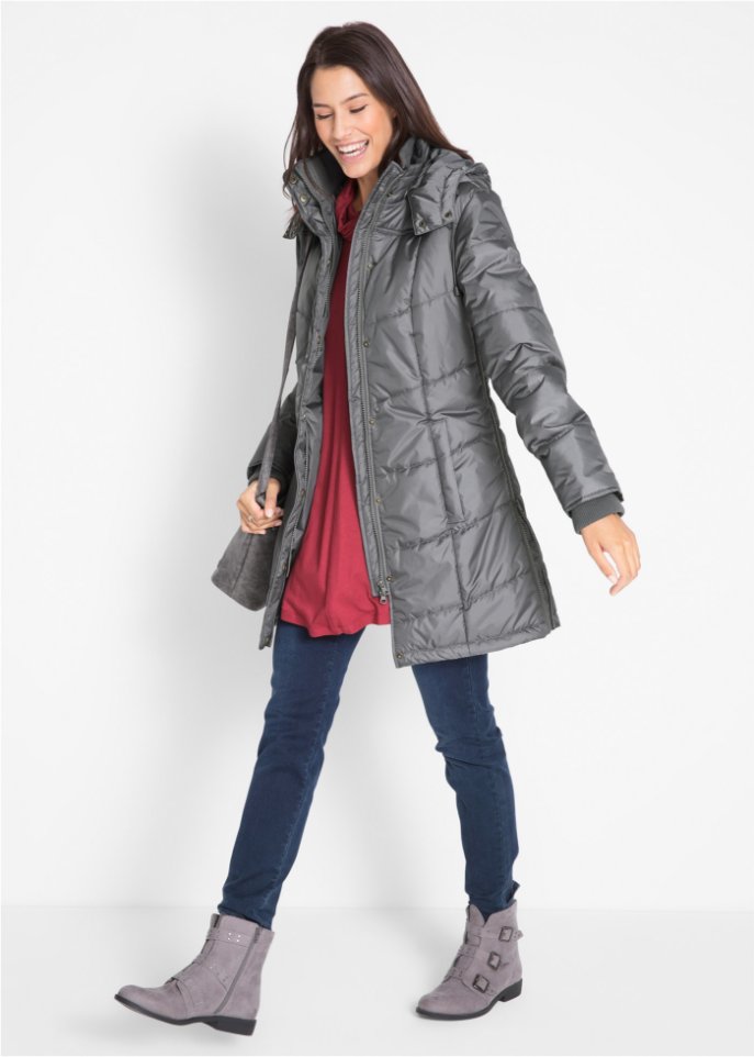 Long-Steppjacke, wattiert mit Kragen und Kapuze