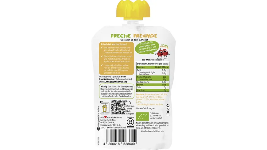Freche Freunde Fruchtpüree Quetschie Banane, Apfel, Erdbeere & Himbeere 100 g