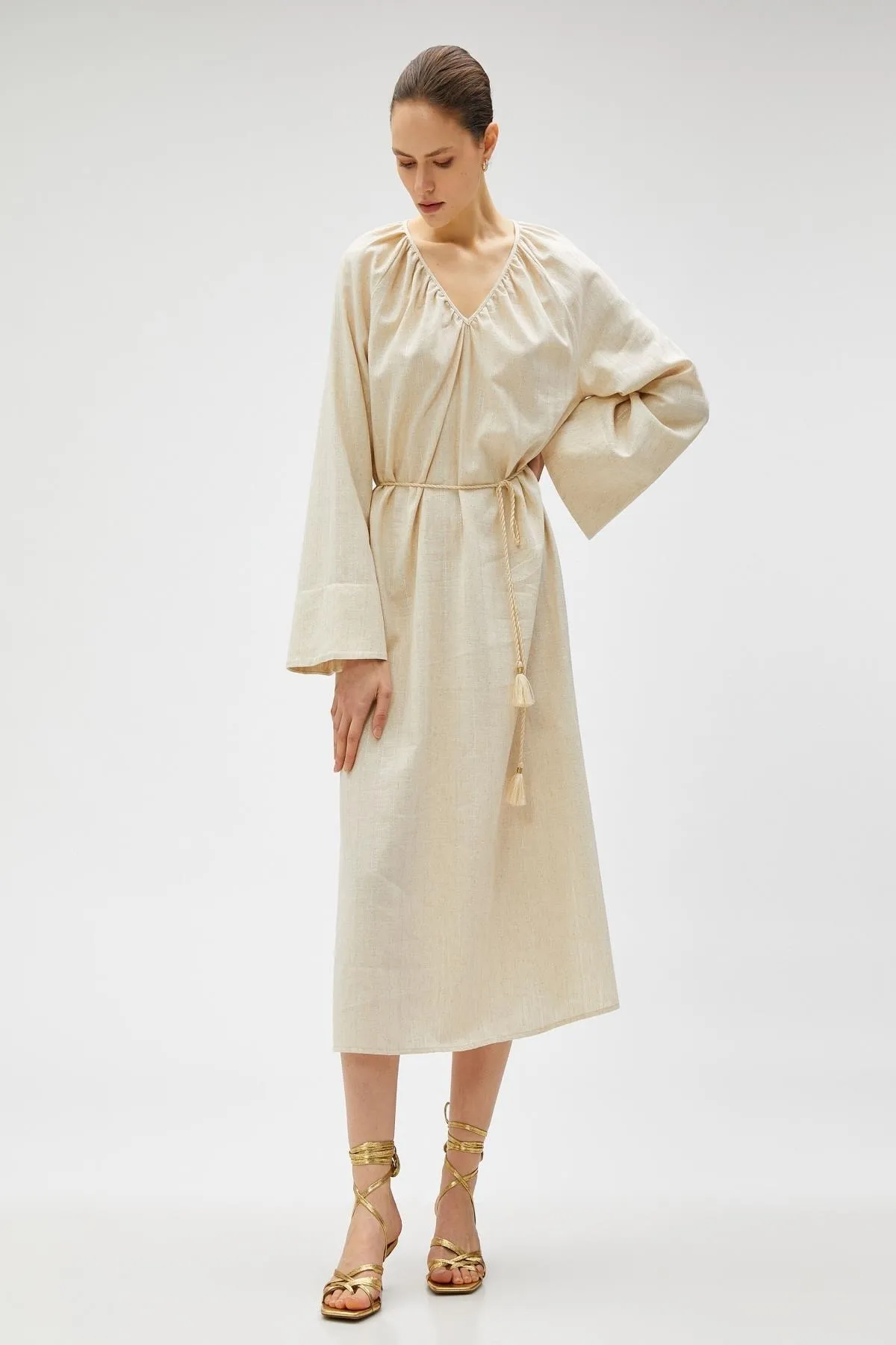 Koton  Beige gestreiftes Damenkleid 3SAK80044CW