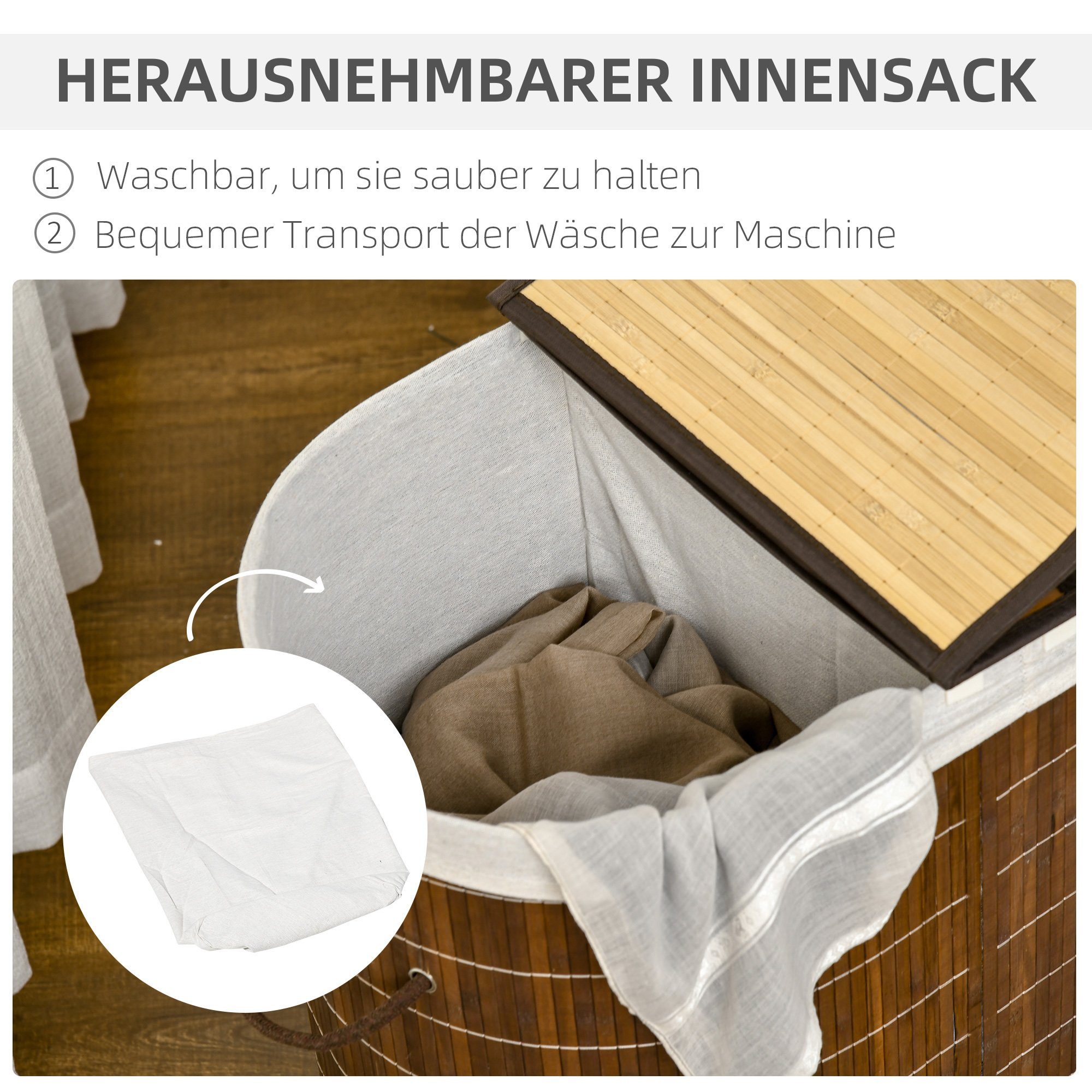HOMCOM Wäschekorb 100L Wäschesammler, Wäschesbox mit Griff, Deckel (Wäschesortierer, 1 St., Wäschesammler), für Badezimmer, Bambus, Braun
