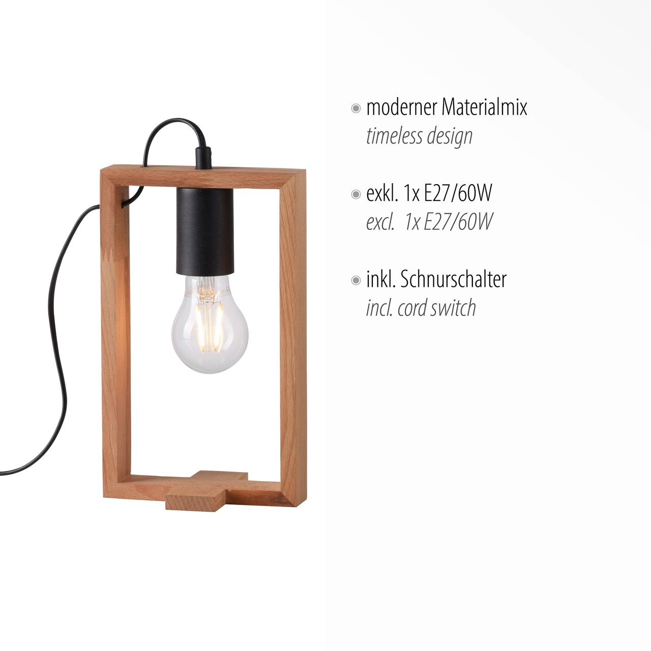 JUST LIGHT LeuchtenDirekt Tischleuchte FRAME, 1xE27/max. 60W, Innenleuchte, IP20, Metall und Holz