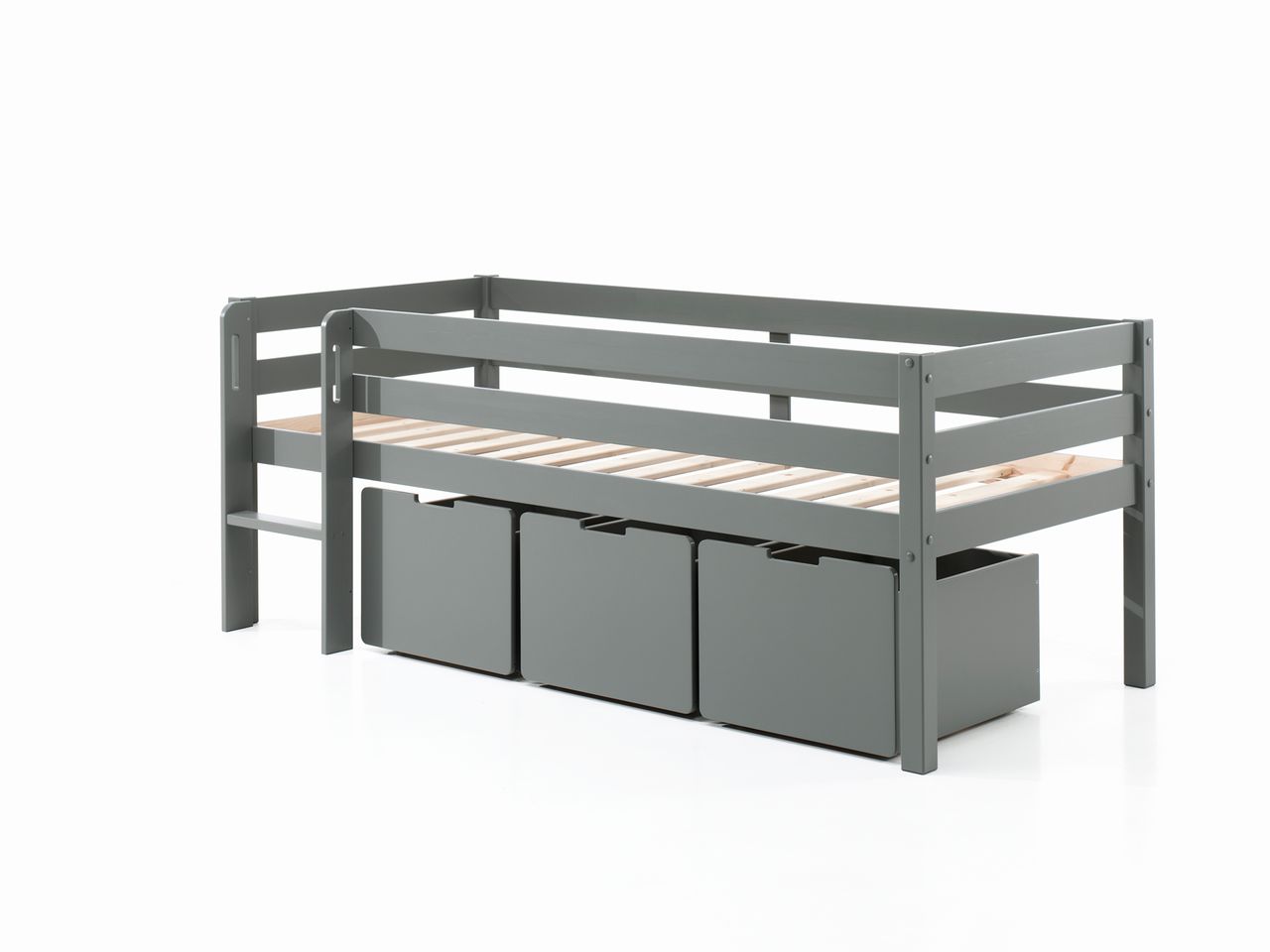 VIPACK Spielbett mit Liegefläche 90 x 200 cm, inkl. Leiter, Rolllattenrost und 3 Schubkästen, Kiefer und MDF grau lackiert