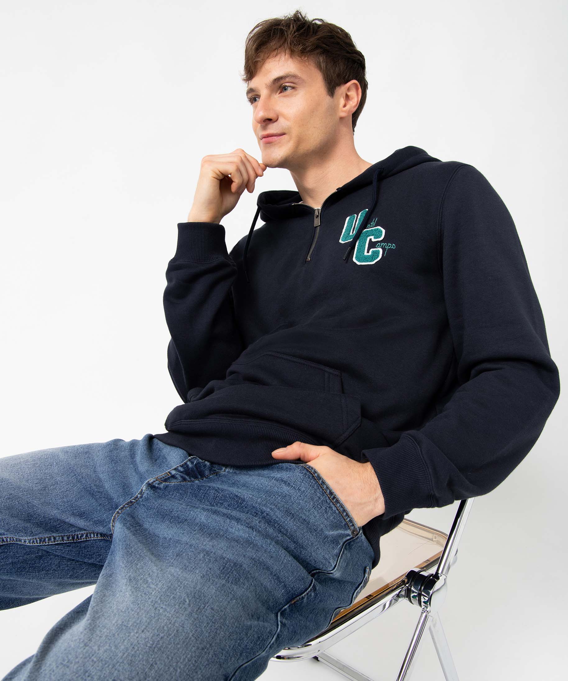 Sweat homme à capuche et col zippé - Camps United bleu fonce | GEMO