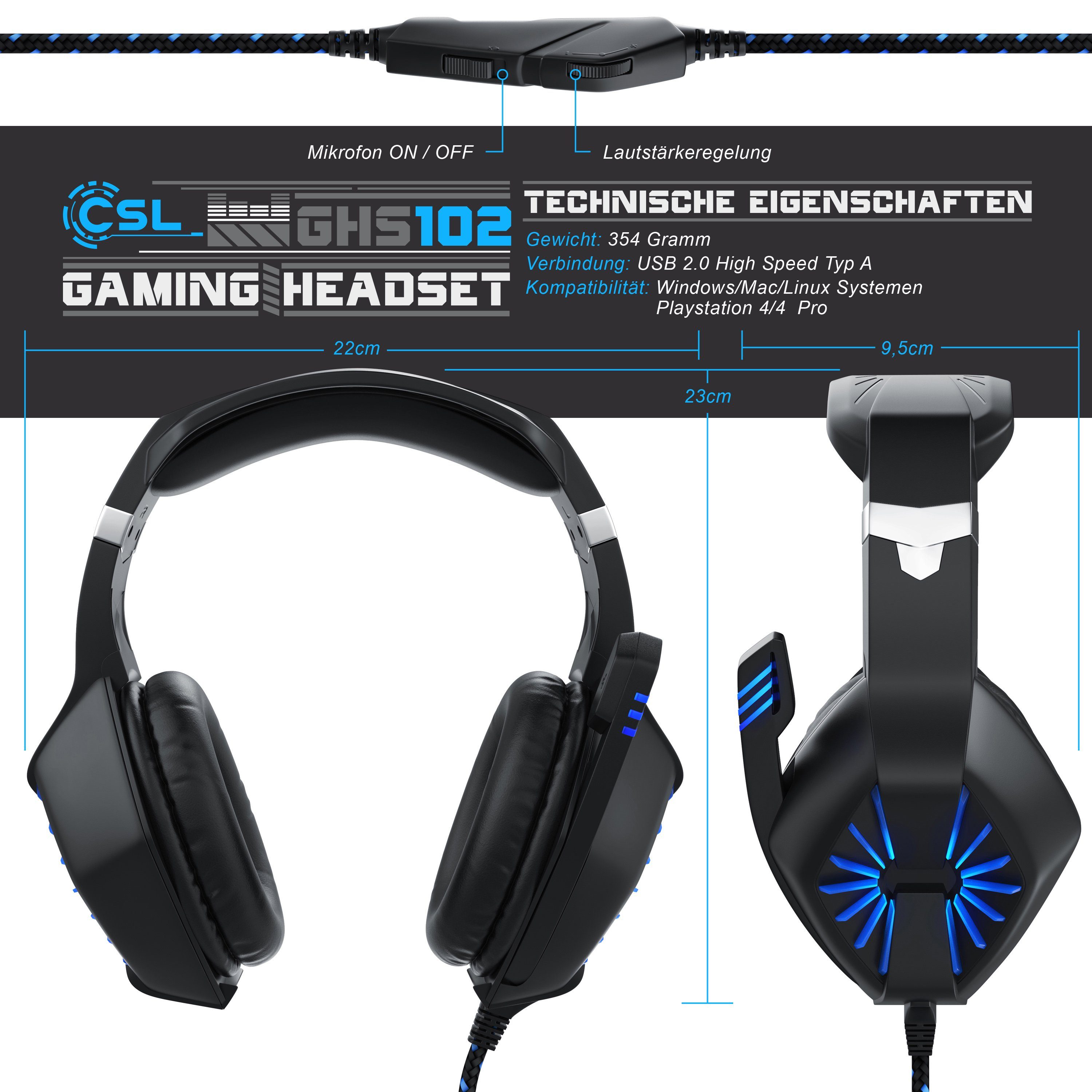 CSL Gaming-Headset (GHS-102 USB Kopfhörer mit Mikrofon für Windows/Mac/Linux /PS4/PS4 Pro)