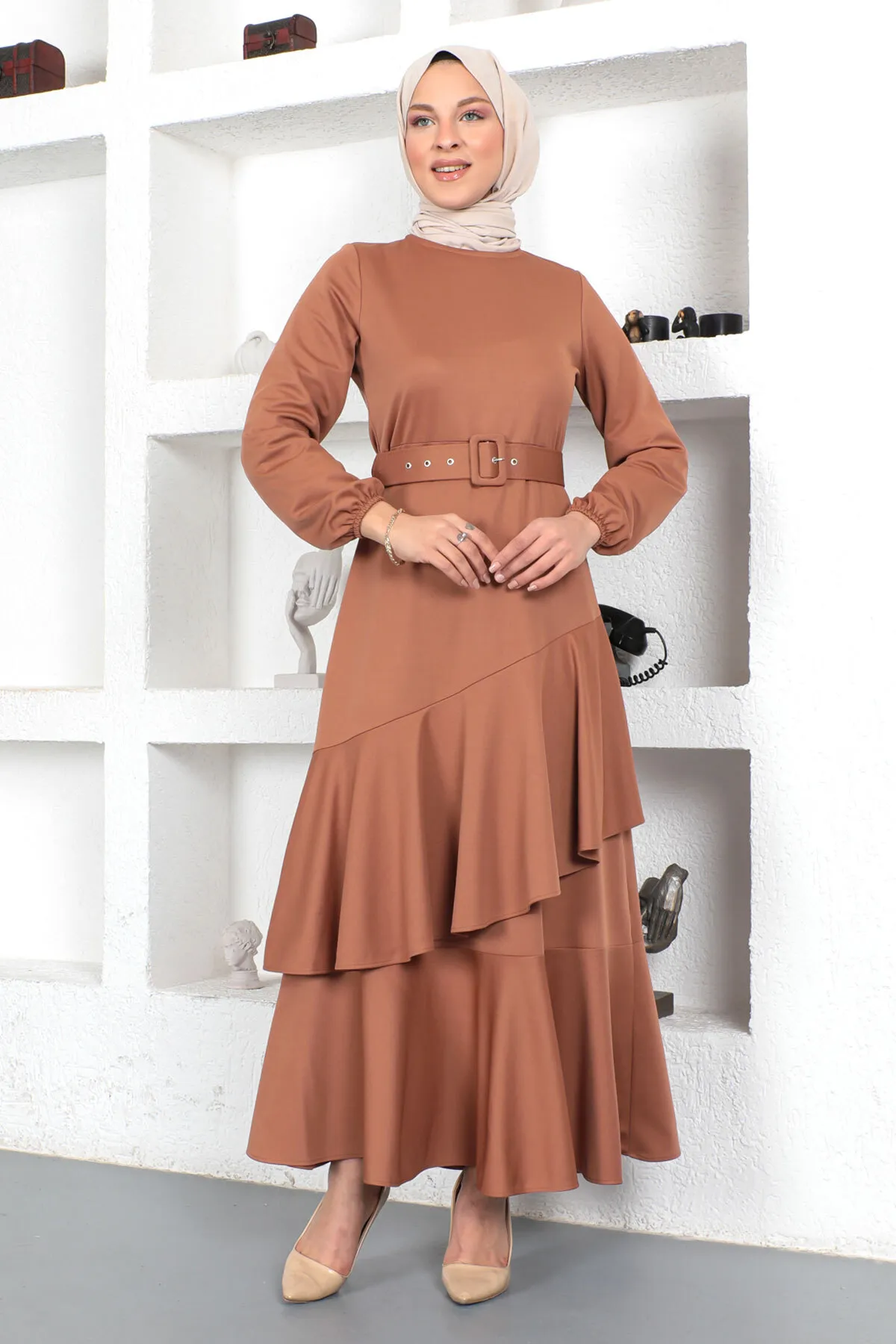 Tesettür Dünyası  Rüschenkleid Tsd230401 Kamel