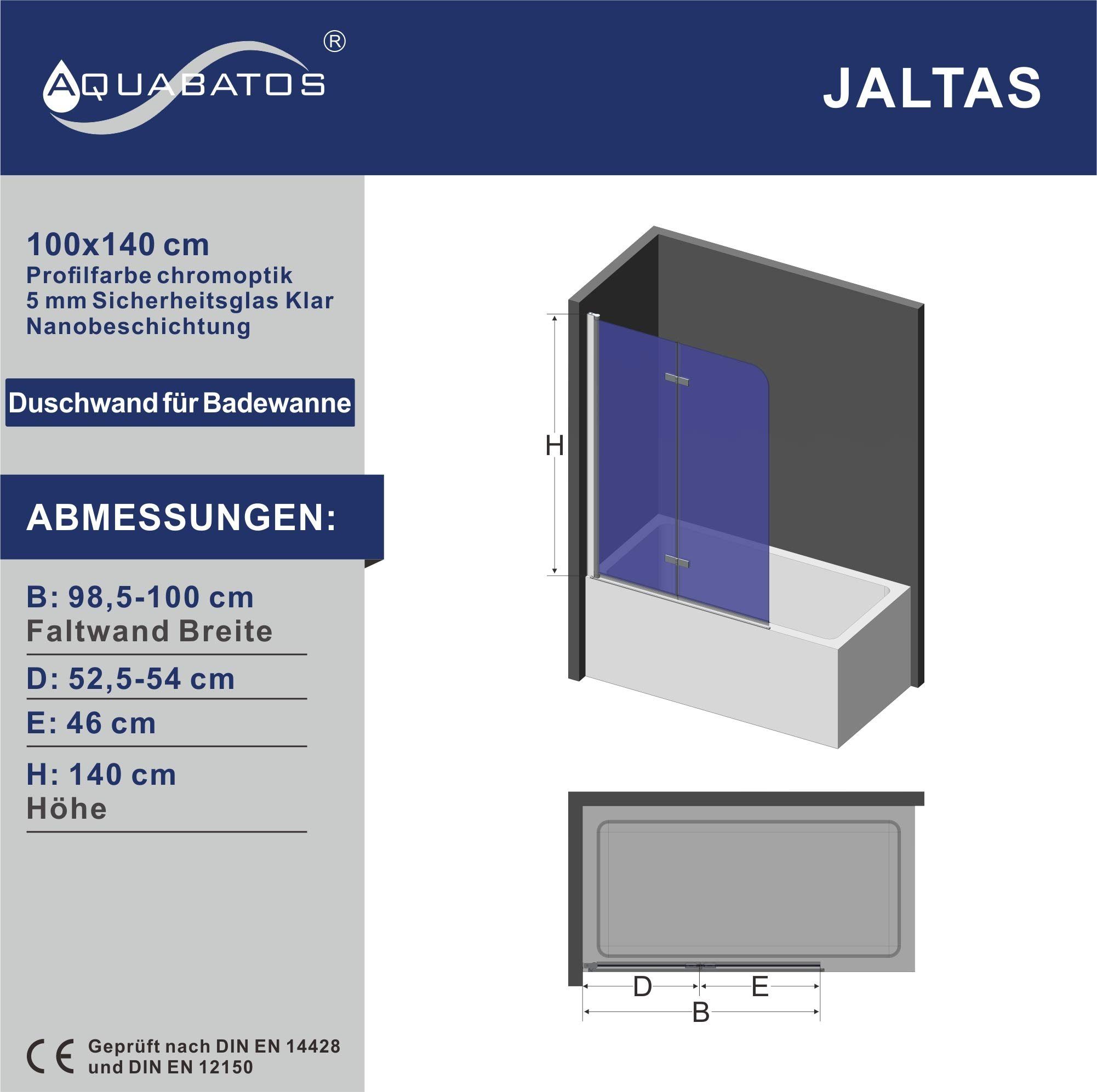 AQUABATOS Badewannenaufsatz Duschwand für Badewanne Badewannenfaltwand faltbar 2 teilig 100x140cm, 5 mm Sicherheitsglas
