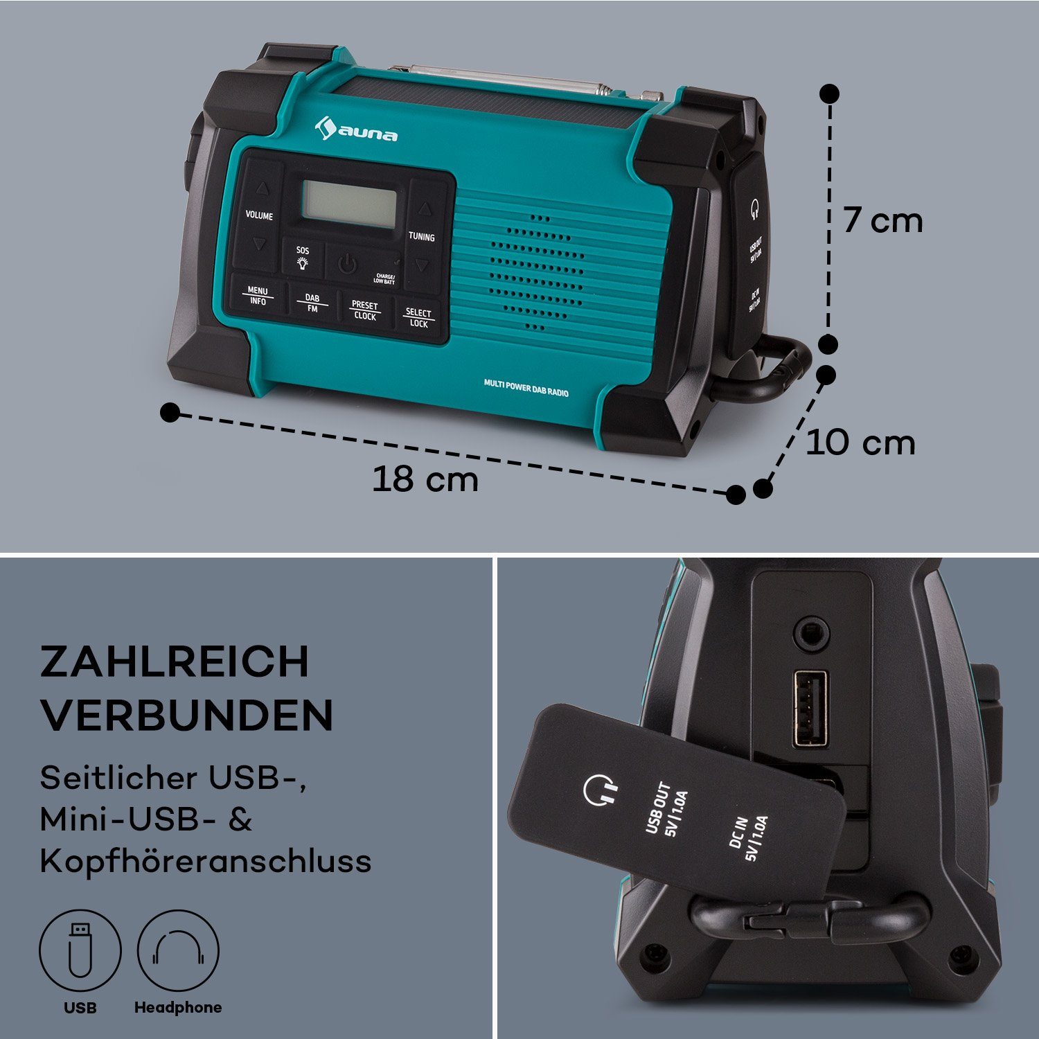 Auna Patagonia DAB+ Radio (DAB / DAB+ und FM-Radio, Outdoor Radio Solar Akku -Aufladung)