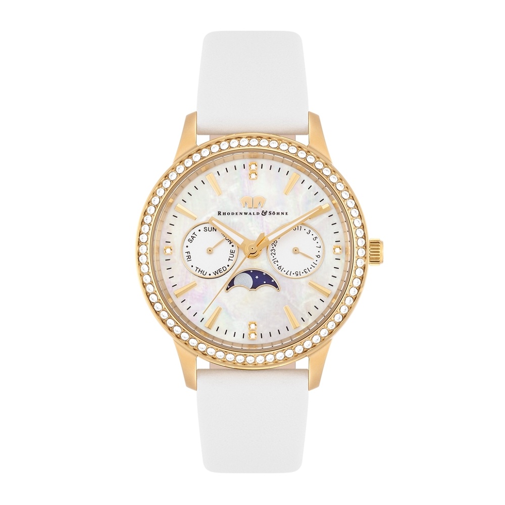 Rhodenwald & Söhne Multifonctions Amidala Or jaune Cuir véritable en Blanc Montre
