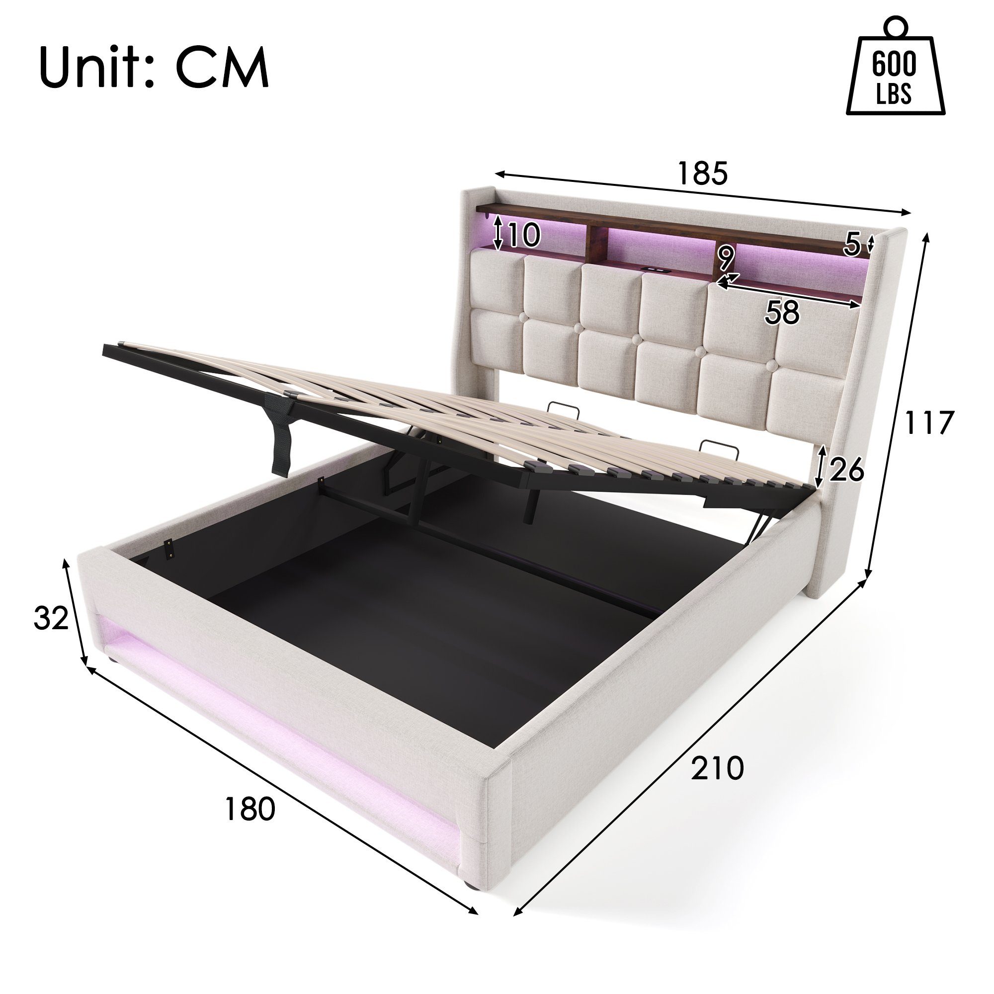 WISHDOR Polsterbett Bett (LED Doppelbett Jugendbett mit USB/Typ-C Ladeanschluss), 180x200cm,Ohne Matratze