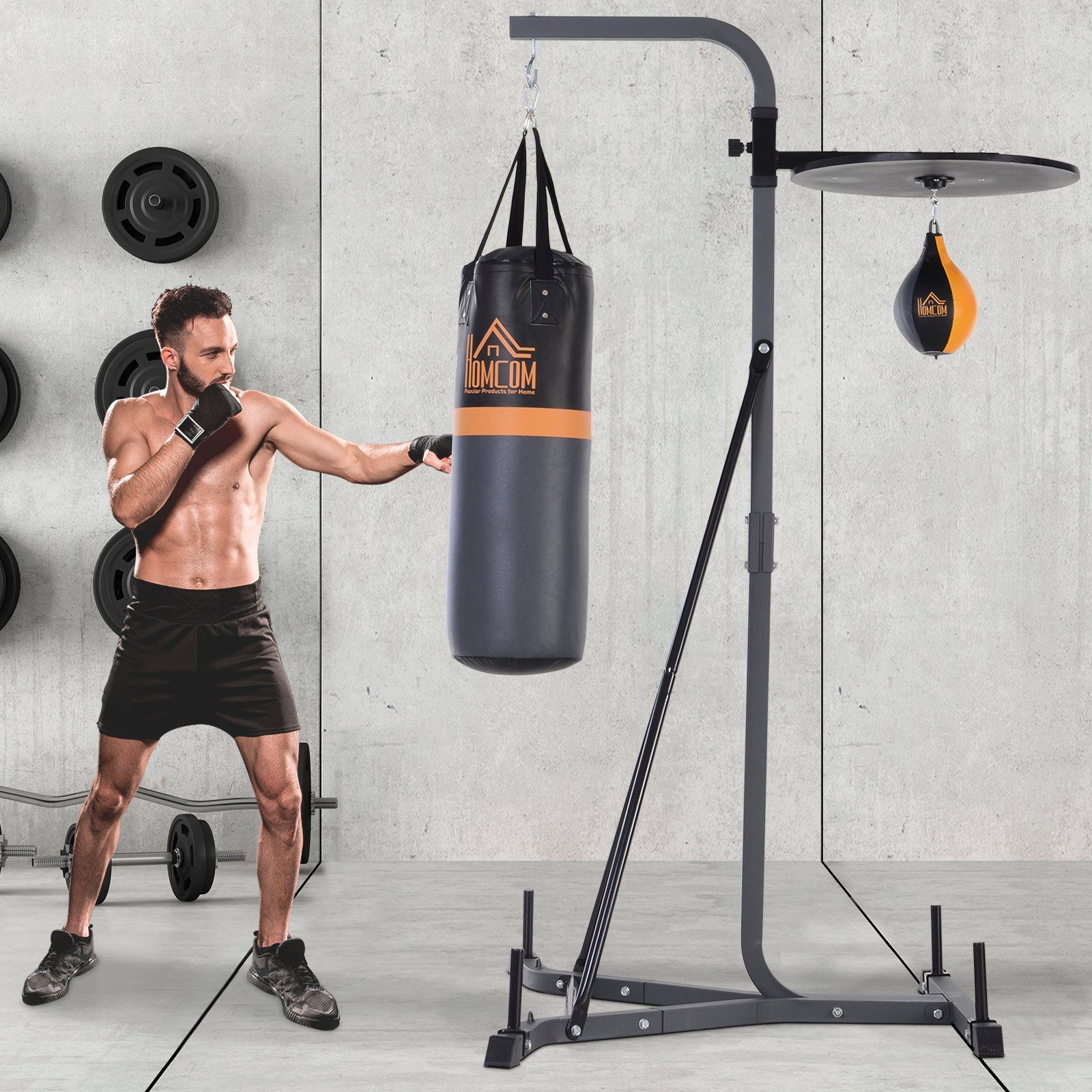 HOMCOM Boxsackständer Boxsack und Punchingball freistehende Boxstation Boxsackhalterung, (Set, 1-tlg., Boxsackhalterung Punchingball Stand bis 100 kg Tragkraft, 115L x 157B x 221H cm)