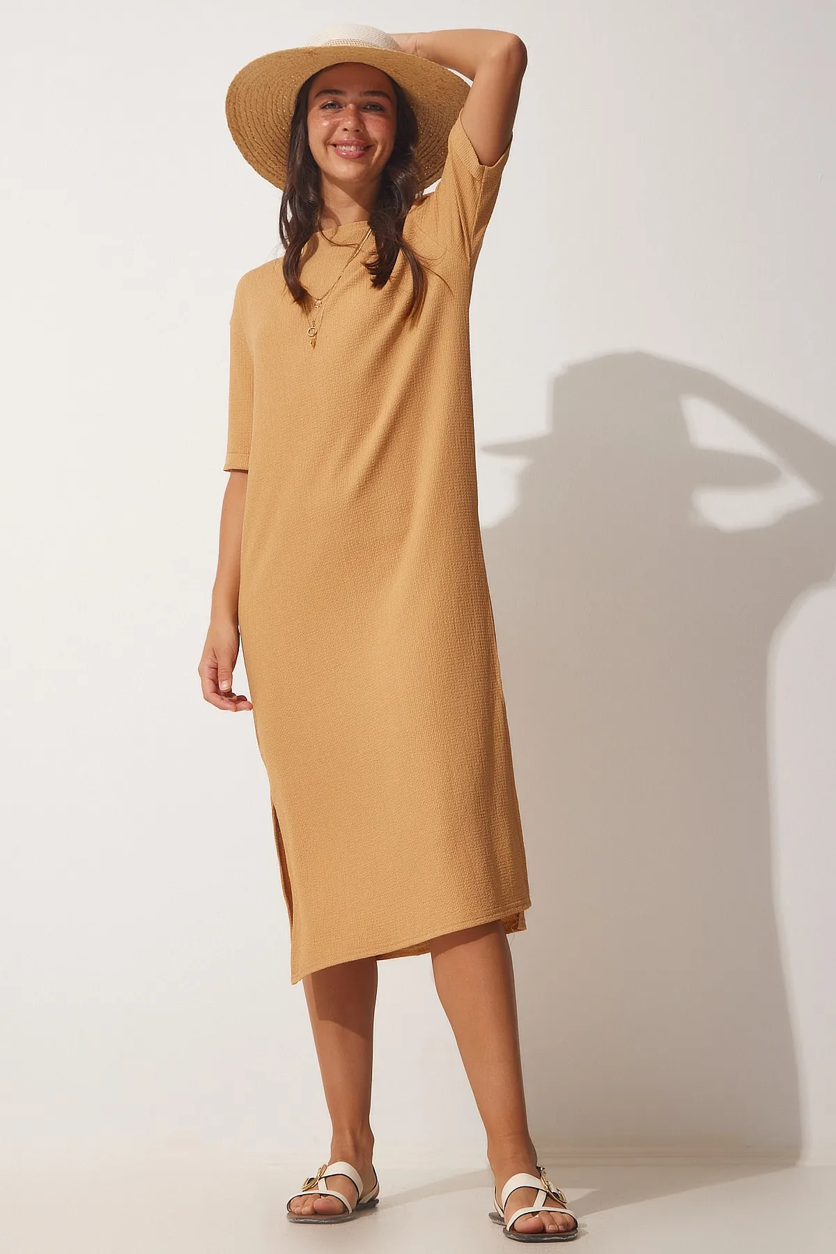 Happiness İstanbul  Biscuit Textured Daily Midi-Strickkleid für Damen LH00037
