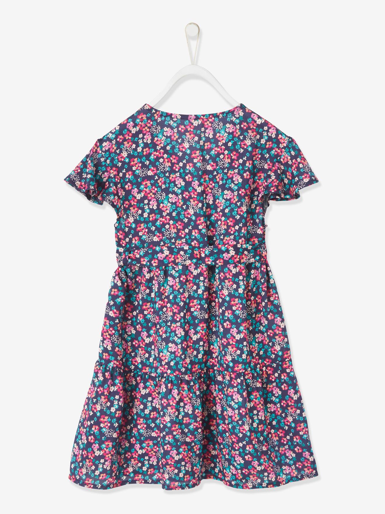 Robe effet portefeuille fille bleu imprimé fleurs