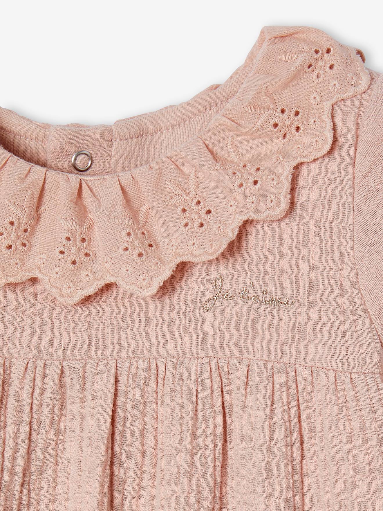 Combinaison en gaze de coton doublé bébé bois de rose