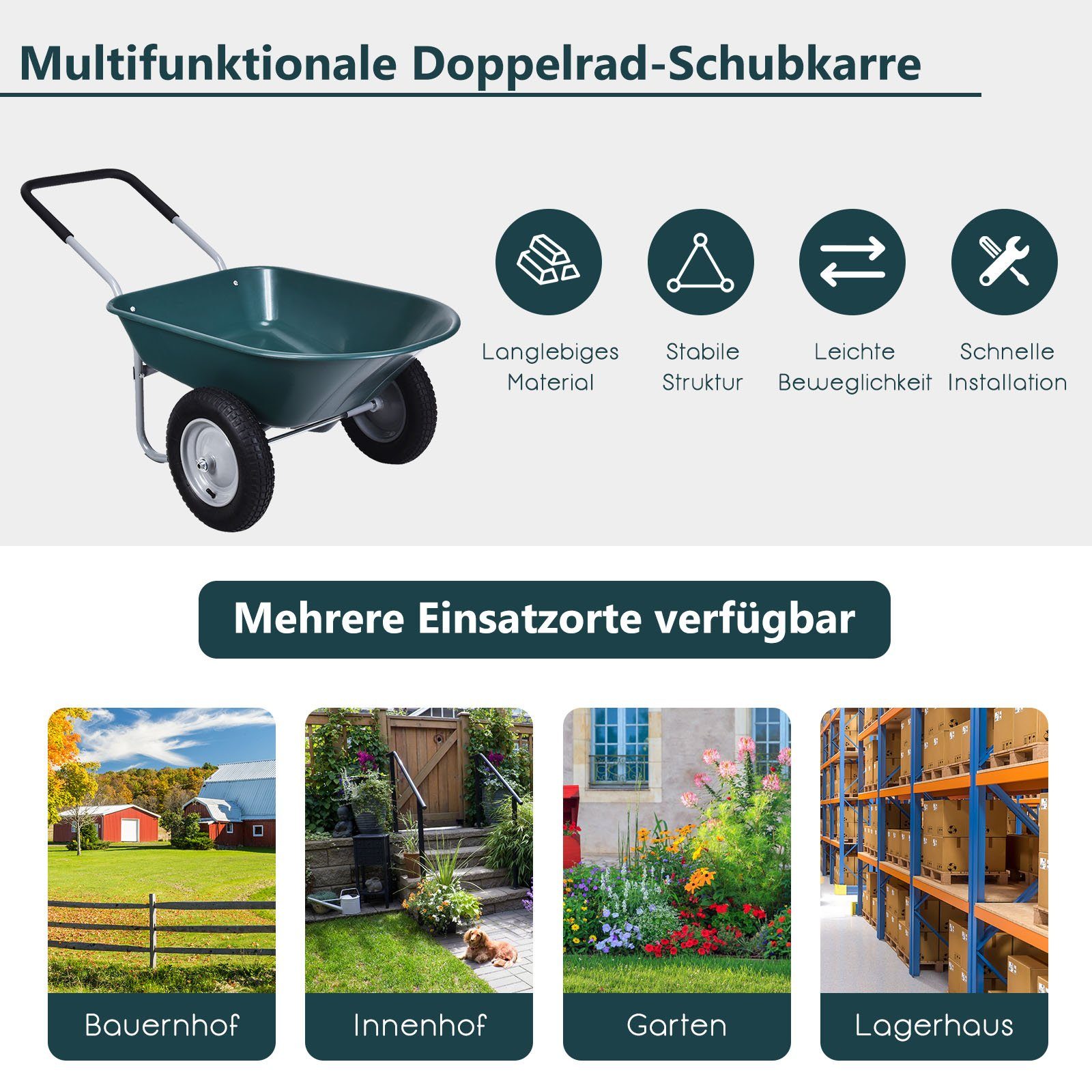 COSTWAY Schubkarre Schiebkarre, mit 2 Räder, 100kg Tragkraft